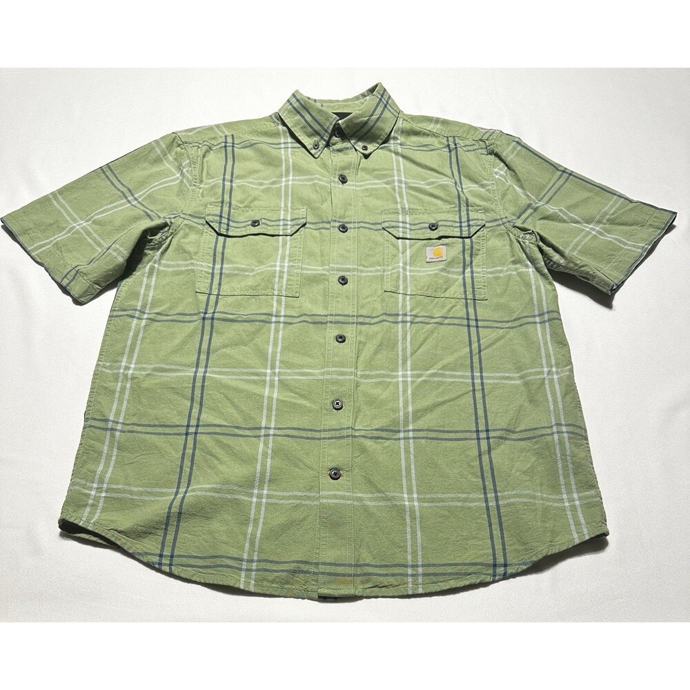Carhartt Button Shirt Green Plaid Loose Fit Short Sleeve Casual Mens Medium
